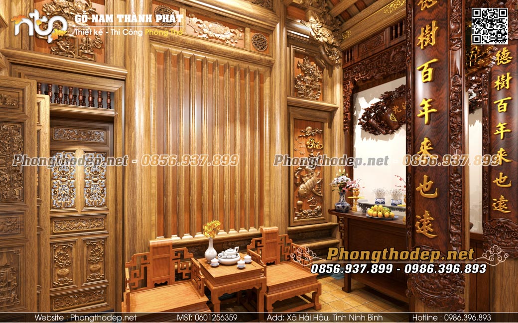 Vách thuận đố măng đơn giản trong nhà gỗ 3 gian